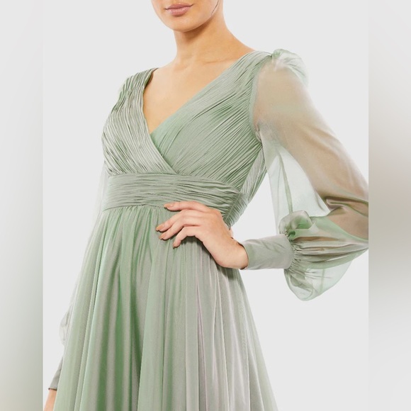 MAC DUGGALFaux Wrap Illusion Bishop Sleeve Tiered Gown